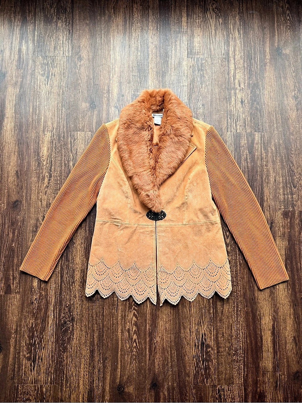 Vintage Nygard Collections Women’s M Orange Suede Leather Coat Rabbit Fur Trim